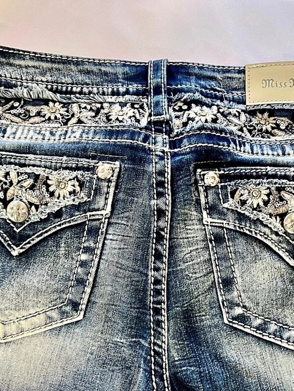 Miss Me Mid-Rise Crop  Embellished Rhinestone Flower Jeans 29